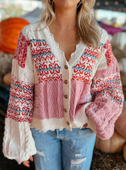 Cozy Pink Patchwork Cardigan